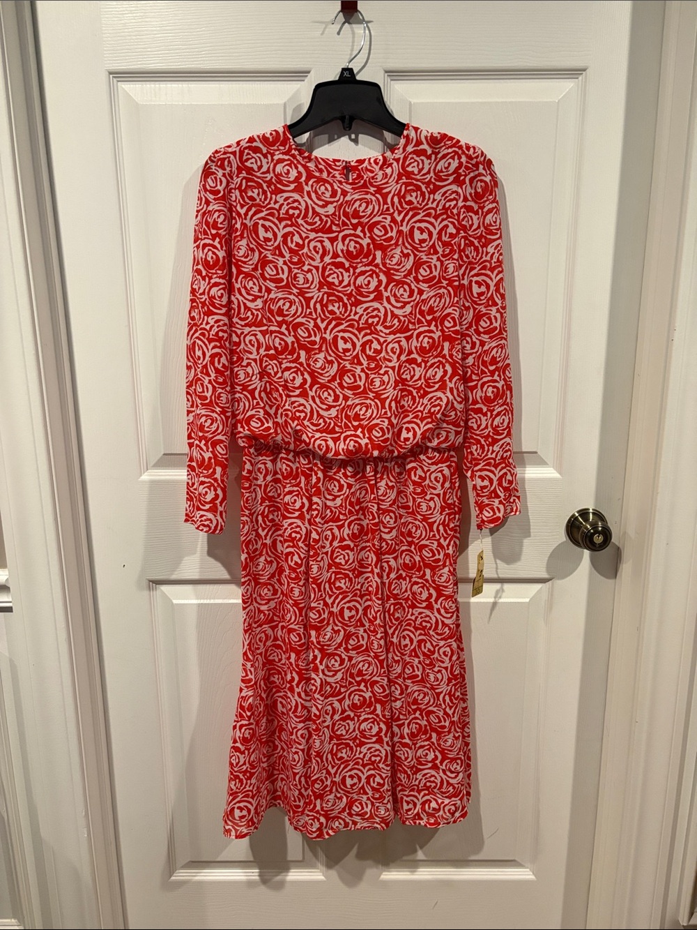 Red Long-Sleeve Floral Midi Dress with Elastic Waist